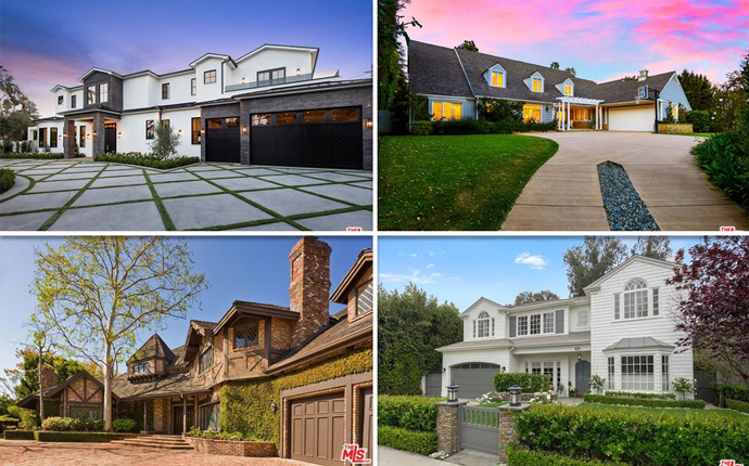 From top left, clockwise: 4729 Noeline Avenue, 13565 D Este Drive, 11601 Moraga Lane, and 825 Alma Real Drive.