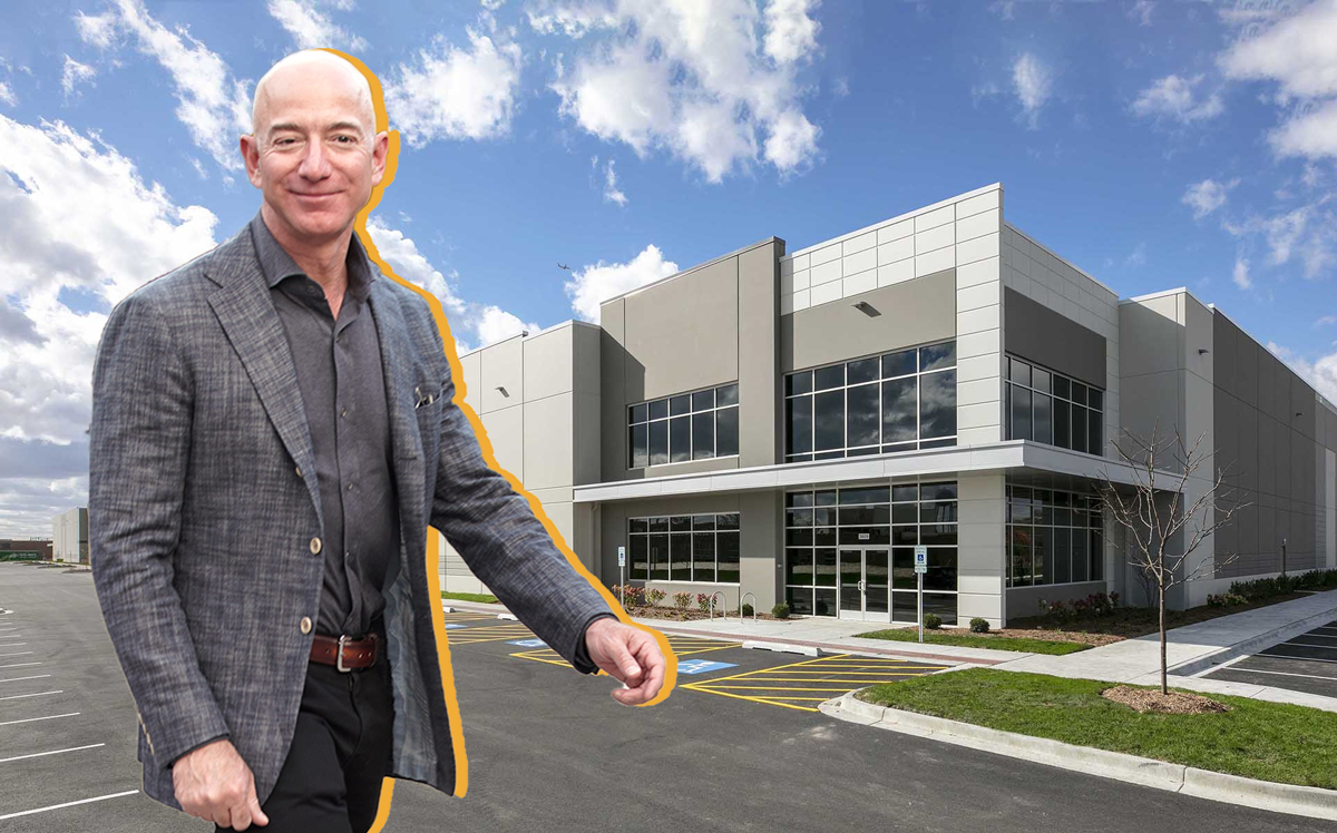 Amazon CEO Jeff Bezos and Hillwood Investment Properties’ 3639 Howard Street in Skokie, Illinois (Credit: Getty Images and Hillwood Investment Properties)