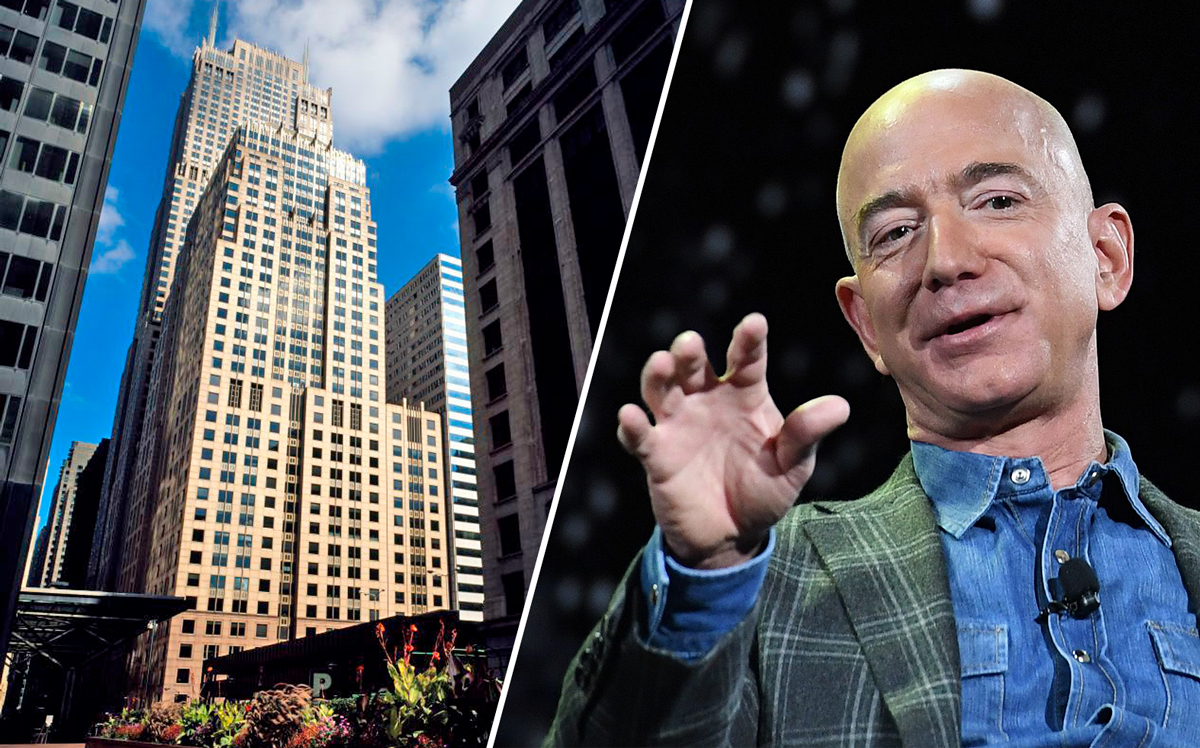 227 West Monroe Street and Amazon CEO Jeff Bezos (Credit: Stone Real Estate and Getty Images)