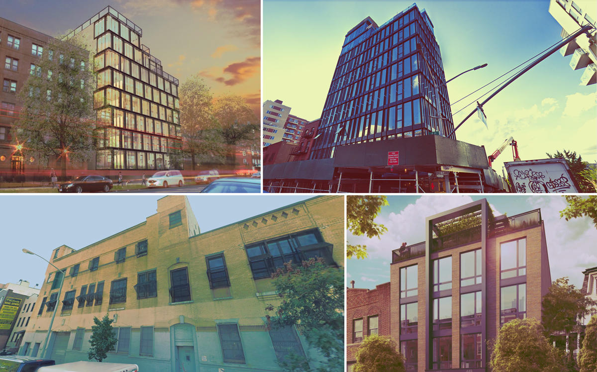 Clockwise from top left: A rendering of 88-92 Linden Boulevard in Flatbush, 554 4th Avenue in Gowanus, 850 Metropolitan Avenue in East Williamsburg, and 447-449 Decatur Street in Stuyvesant Heights (Credit: Brookland Capital and Google Maps)