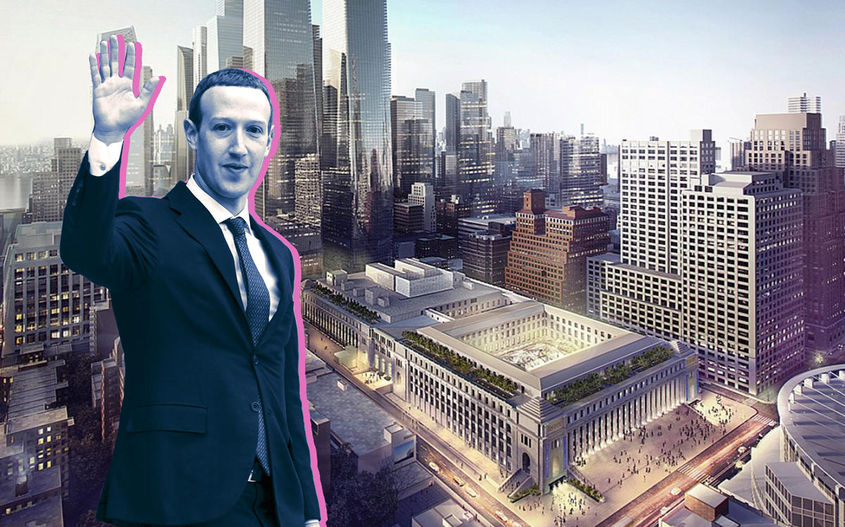 Facebook CEO Mark Zuckerberg and a rendering of the Farley Post Office building redevelopment (Credit: Getty Images, SOM)