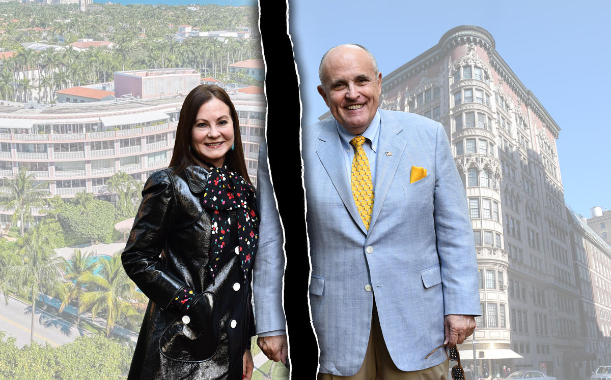 Judith and Rudy Giuliani with 315 South Lake Dr in Palm Beach, Florida and 45 East 66th Street in New York (Credit: Getty Images, Trulia, Highrises)