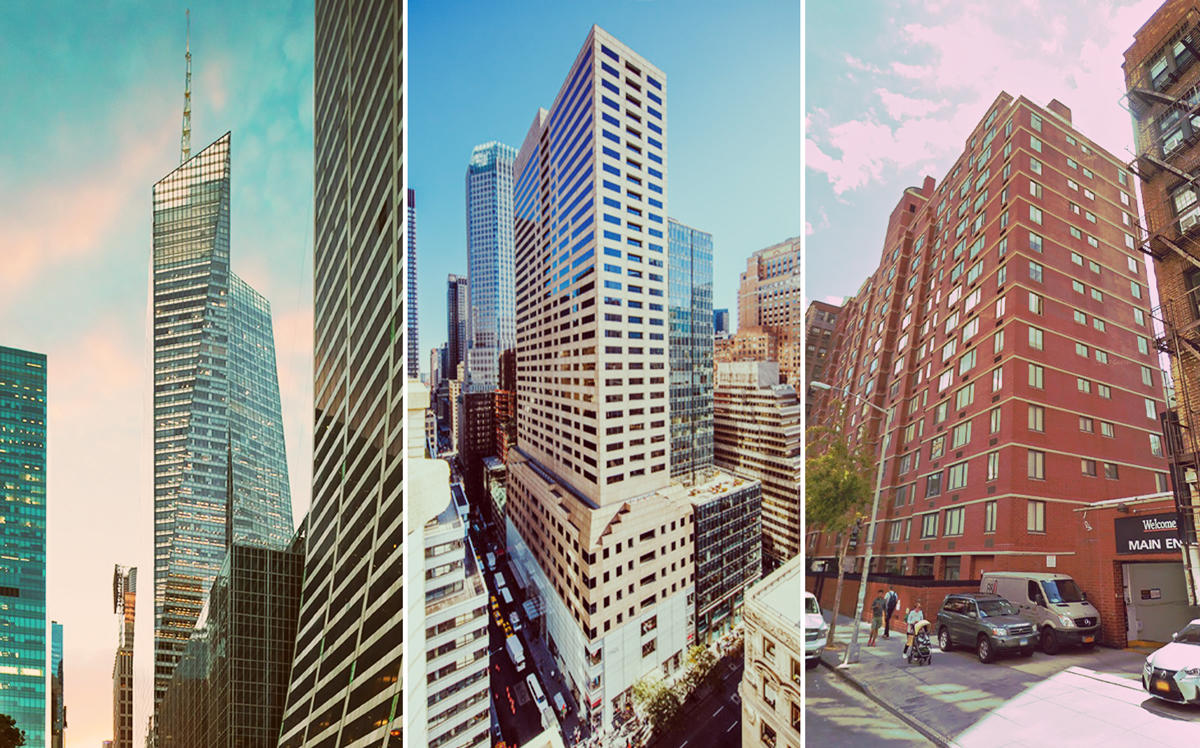 From left: One Bryant Park, 575 Fifth Avenue, and 250 West 19th Street (Credit: The Durst Organization, LoopNet and Google Maps)
