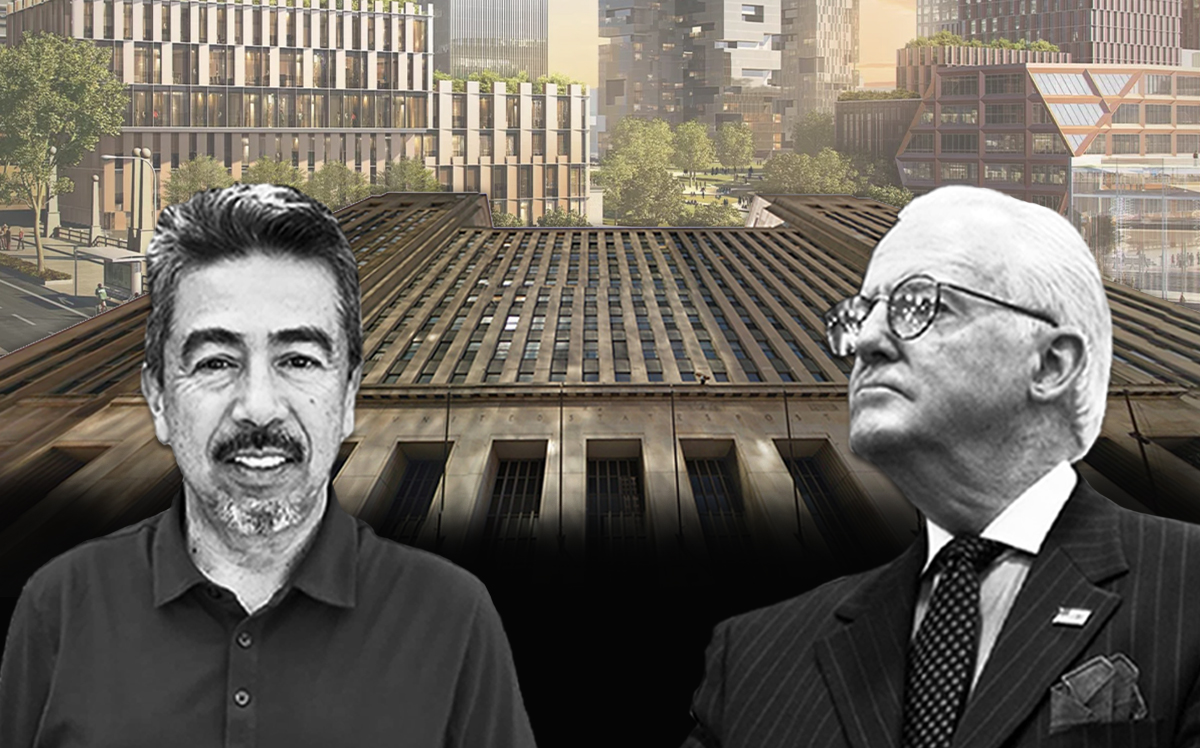 Foreground: Ald. Danny Solis, Ald. Ed Burke. Background: The Old Post Office and a rendering of the 78 development project (Credit: Facebook, Wikipedia, Google Maps)