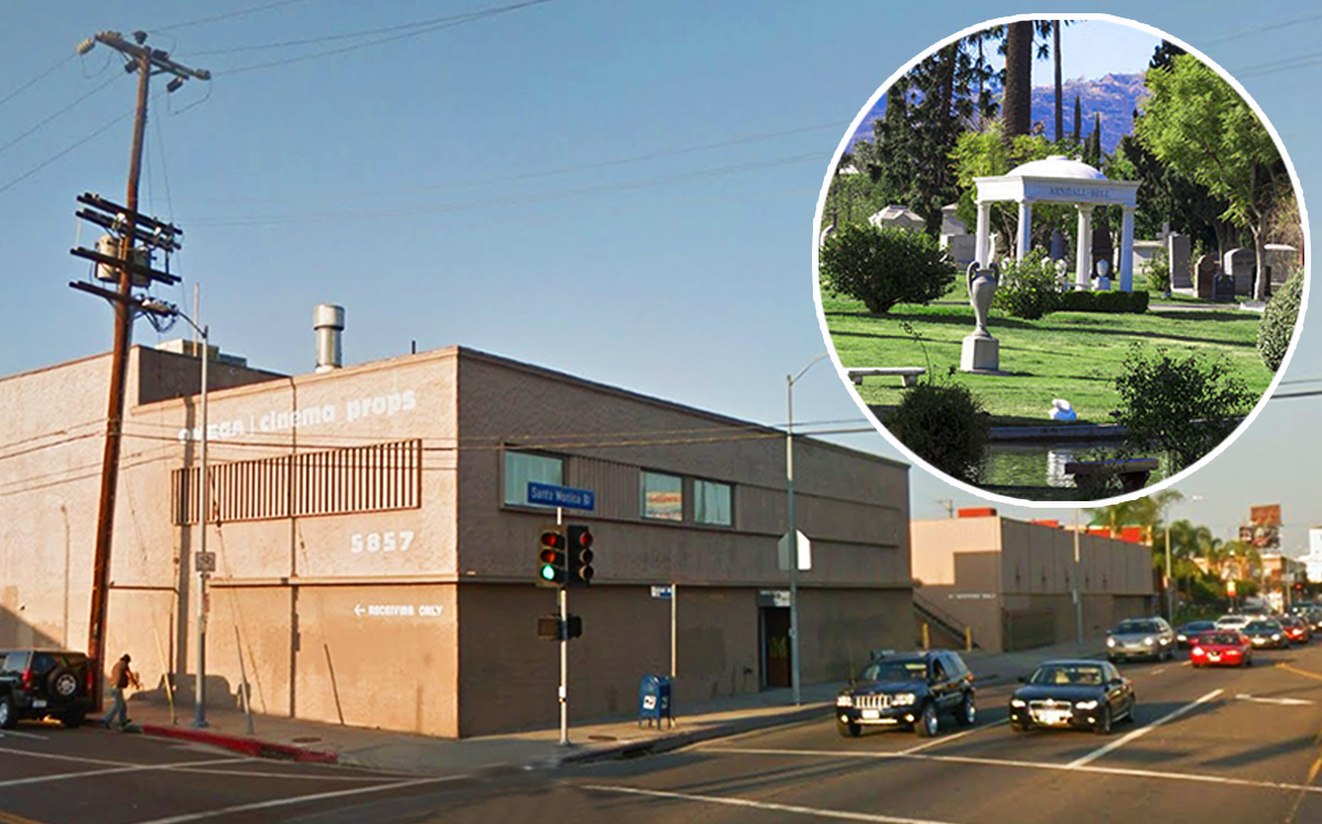 The former Omega Cinema Props warehouse on Santa Monica Boulevard and the Hollywood Forever Cemetery (Credit: Google Maps, Hollywood Forever)
