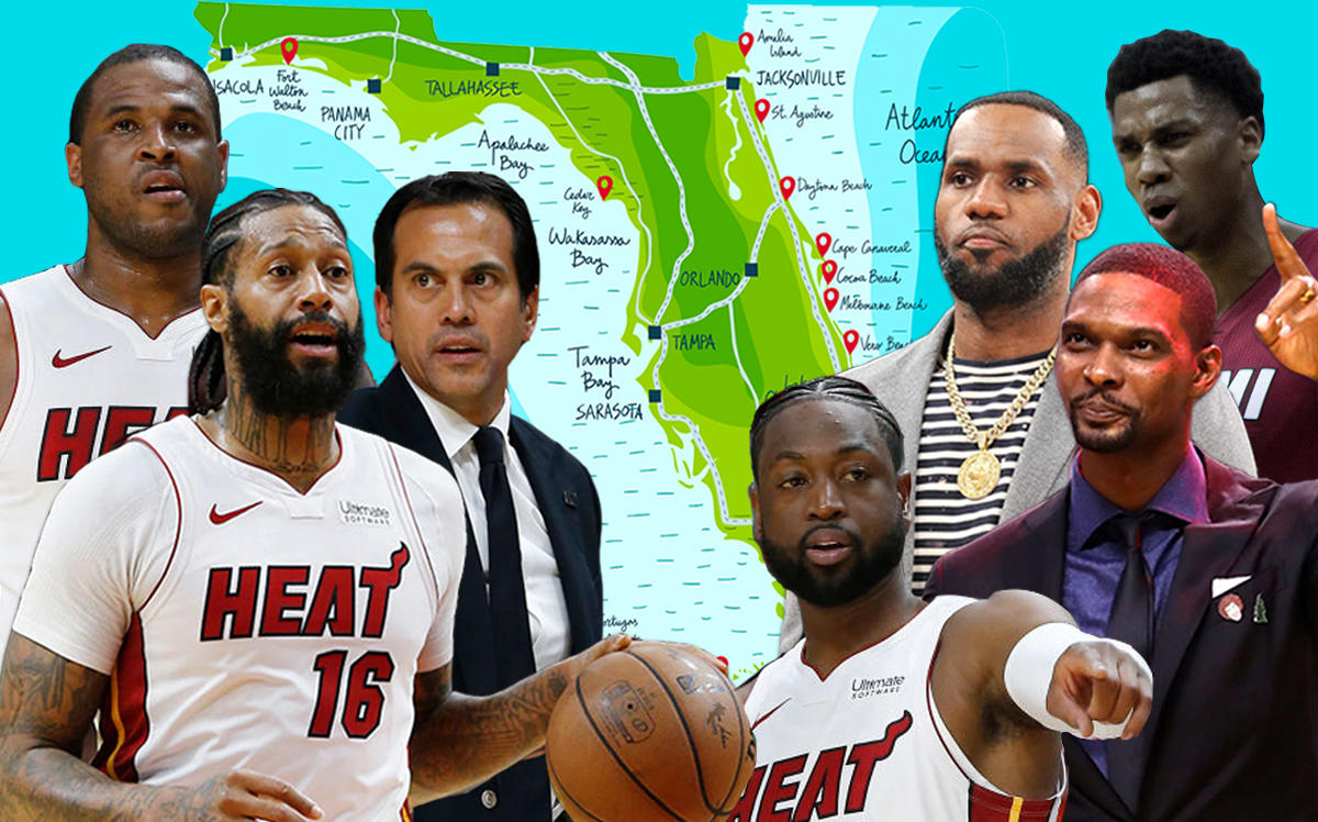 From left: Dion Waiters, James Johnson, Erik Spoelstra, Dwayne Wade, LeBron James, Chris Bosh and Hassan Whiteside (Credit: Getty Images, iStock, Wikipedia Commons)