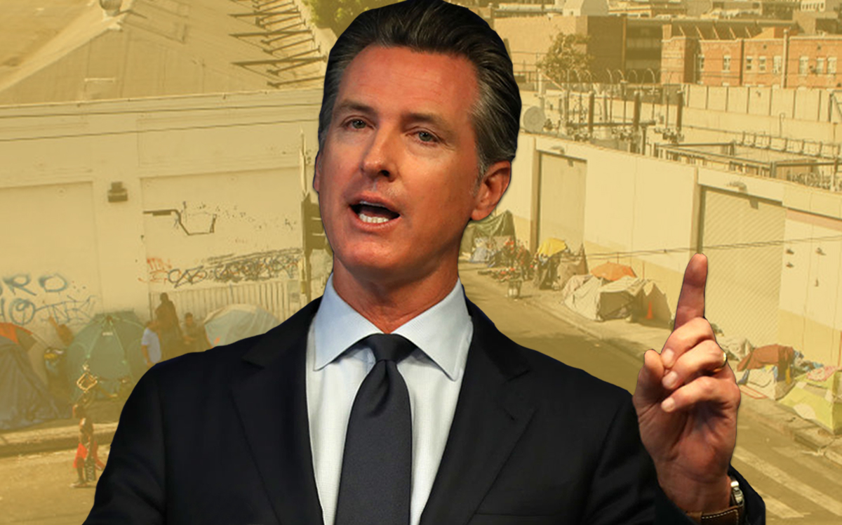 Governor Gavin Newsom and a homeless tent encampment in Skid Row in September 2019 (Credit: Getty Images)