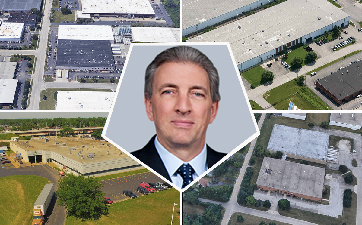 Plymouth Industrial REIT CEO Jeffrey Witherell, and clockwise from top left: 6000 West 73rd Street, 3841-3865 Swanson Court, 13970 West Laurel Drive, South McLean (Credit: Plymouth REIT, Google Maps)