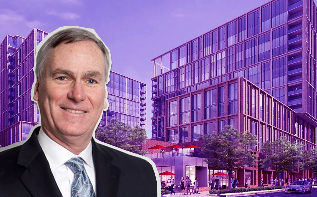 Ted Weldon and a rendering of 845 West Madison Street, which Lendlease is partnering on with John Buck Company (Credit: The John Buck Company)