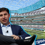 SoFi CEO Anthony Noto and a rendering of SoFi Stadium