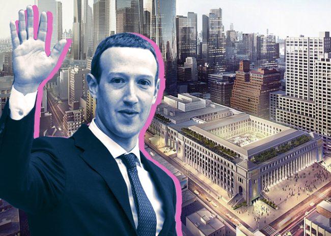 Facebook CEO Mark Zuckerberg and a rendering of the Farley Post Office building redevelopment (Credit: Getty Images, SOM)