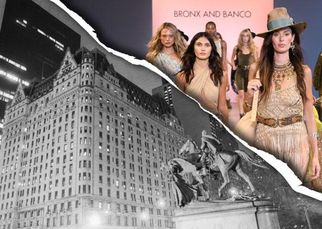 The Plaza Hotel in 1975 and models walking the runway during New York Fashion Week September 2019 (Credit: Getty Images)