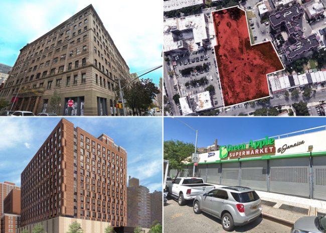Clockwise from top left: 310 Hudson Street, the site at 71-12 Park Avenue in Queens, 92-33 Guy R Brewer Boulevard and a rendering of 165 Broome Street (Credit: Google Maps and Handel Architects)