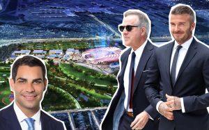 From left: Francis Suarez, Jorge Mas, and David Beckham, with a rendering of the Miami soccer stadium