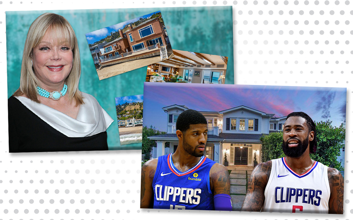 From left: Candy Spelling and her home on 21500 block of Pacific Coast Highway, and The home on Amalfi Drive with Paul George, and Deandre Jordan (Credit: Getty Images,Redfin, and Realtor)