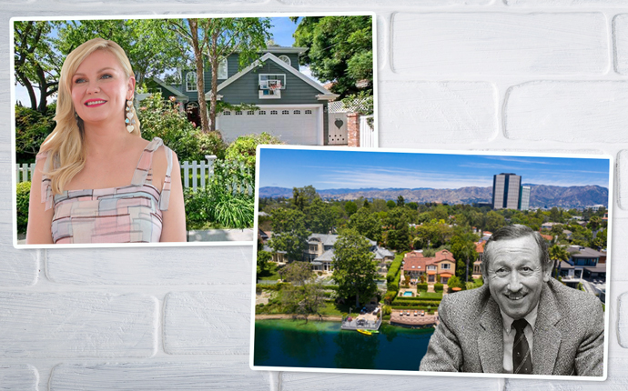 From left: Kristen Dunst and her former home on Toluca Lake Road, and Roy E. Disney and the home in Toluca Lake (Credit: Getty Images and Redfin)