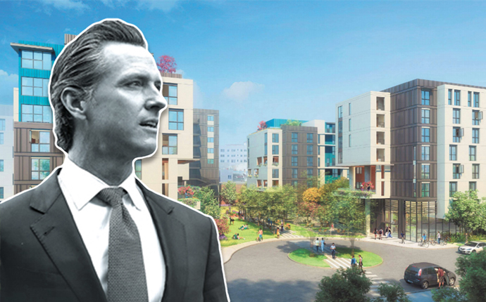 Governor Gavin Newsom and a rendering of Enlightenment Plaza