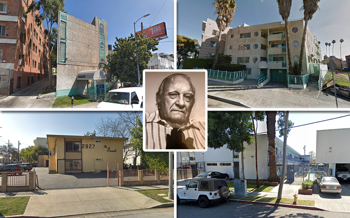 The late owner Irvin Kanthak and (From top left, clockwise) Hoover Place at 720 Hoover Street, 966 South Hoover Street, 738-742 West 27th Street, and 2823 Orchard Avenue