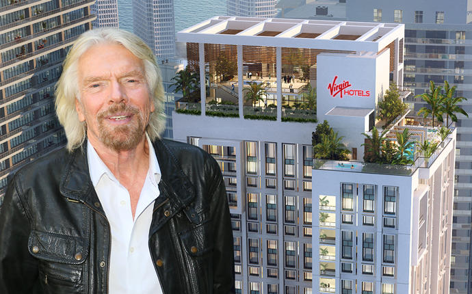Rendering of Virgin Hotels Miami and Richard Branson (Credit: Getty Images)