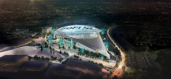 A rendering of the SoFi-branded stadium in Inglewood.