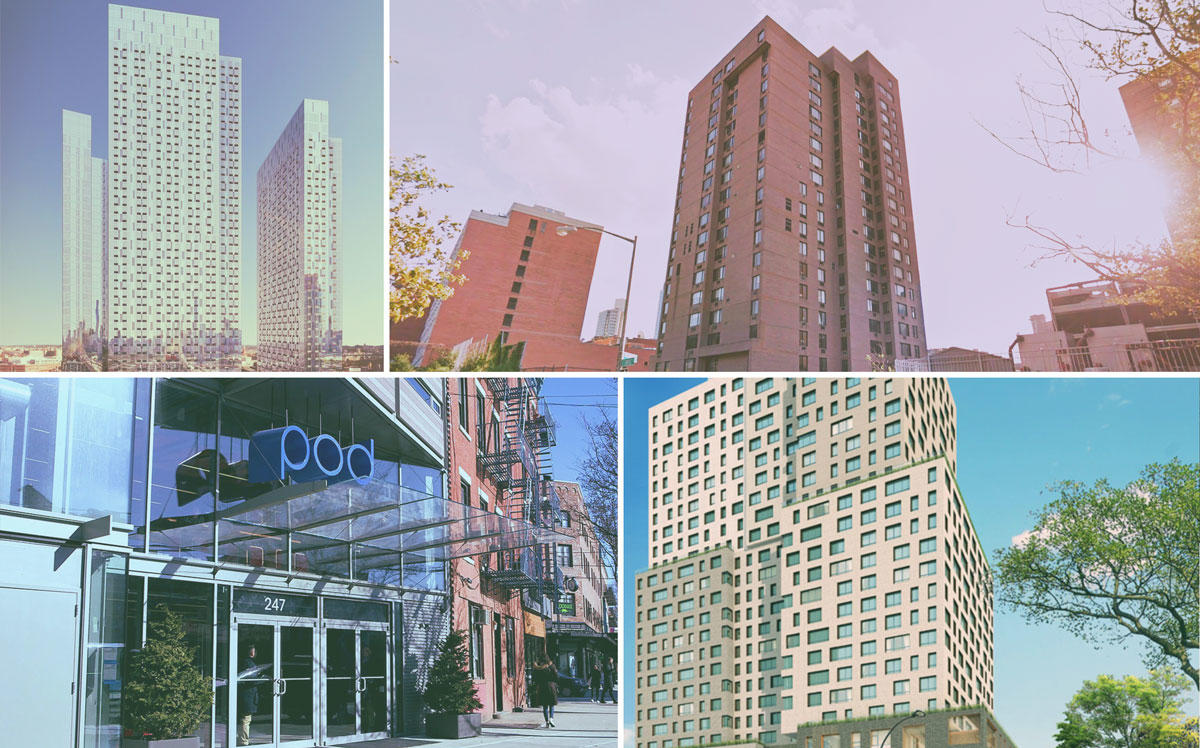 Clockwise from the top left: Jackson Park at 28-40 Jackson Avenue, 240 Willoughby Street in Fort Greene, 664 Pacific Street in Brooklyn, and 247 Metropolitan Avenue in Williamsburg (Credit: StreetEasy, Google Maps, Pacific Park Brooklyn, The Pod Hotel)
