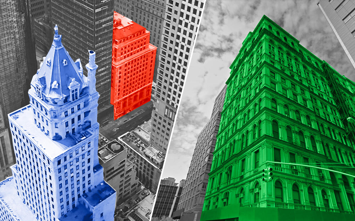 The Coca Cola Building (red) at 711 Fifth Avenue, the Crown Building (blue) at 730 Avenue, and the Tribeca Clock Tower (green) at 108 Leonard Street (Credit: Google Maps)