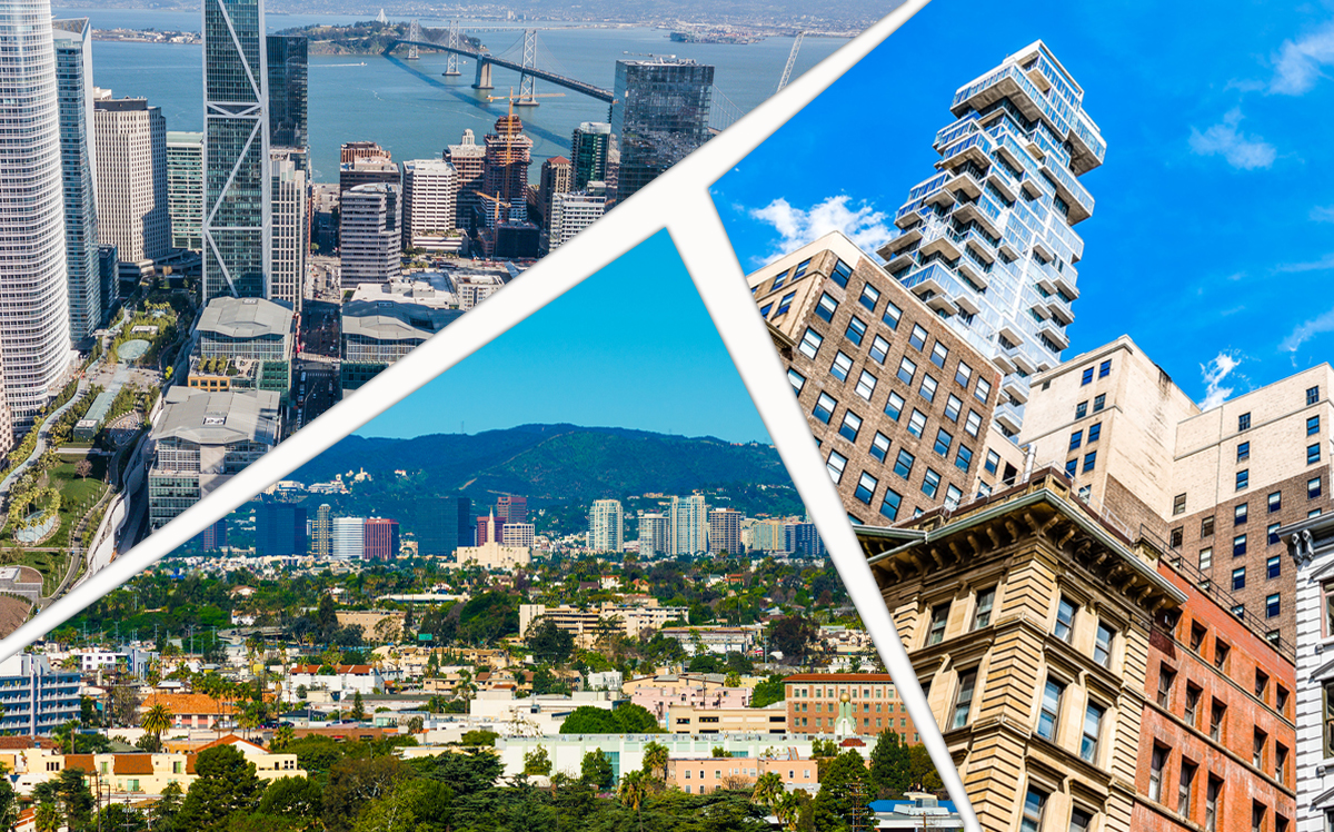 Clockwise from top left: San Francisco's Rincon Hill, New York City's TriBeCa and Los Angeles' Westwood (Credit: iStock)