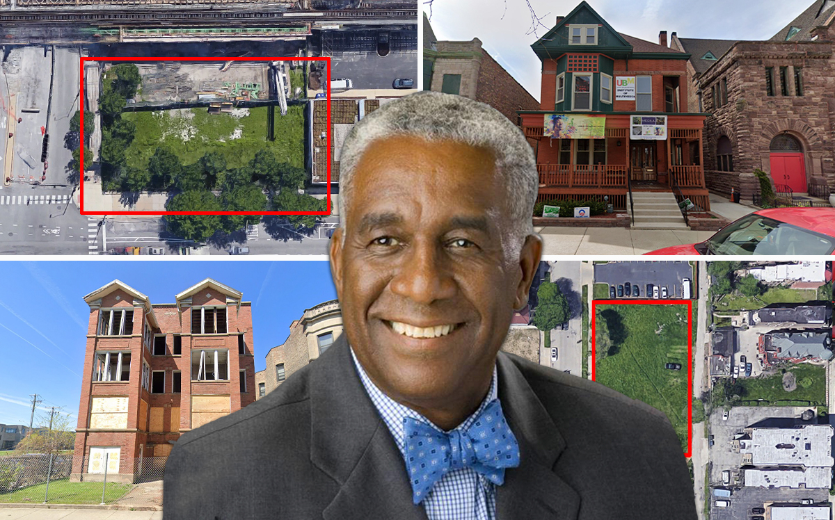 Rev. Leon Finney Jr. and clockwise from top left: 2211 South State Street, 4108 South King Drive, 4123 South Calumet Avenue and 6234 South Woodlawn Avenue (Credit: Google Maps)