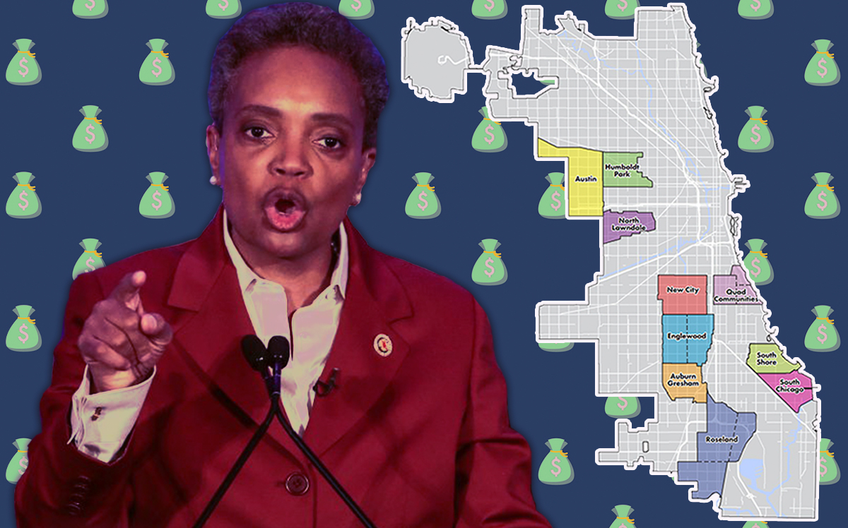Chicago Mayor Lori Lightfoot and a map of Invest South/West community areas (Credit: Getty Images, City of Chicago, iStock)