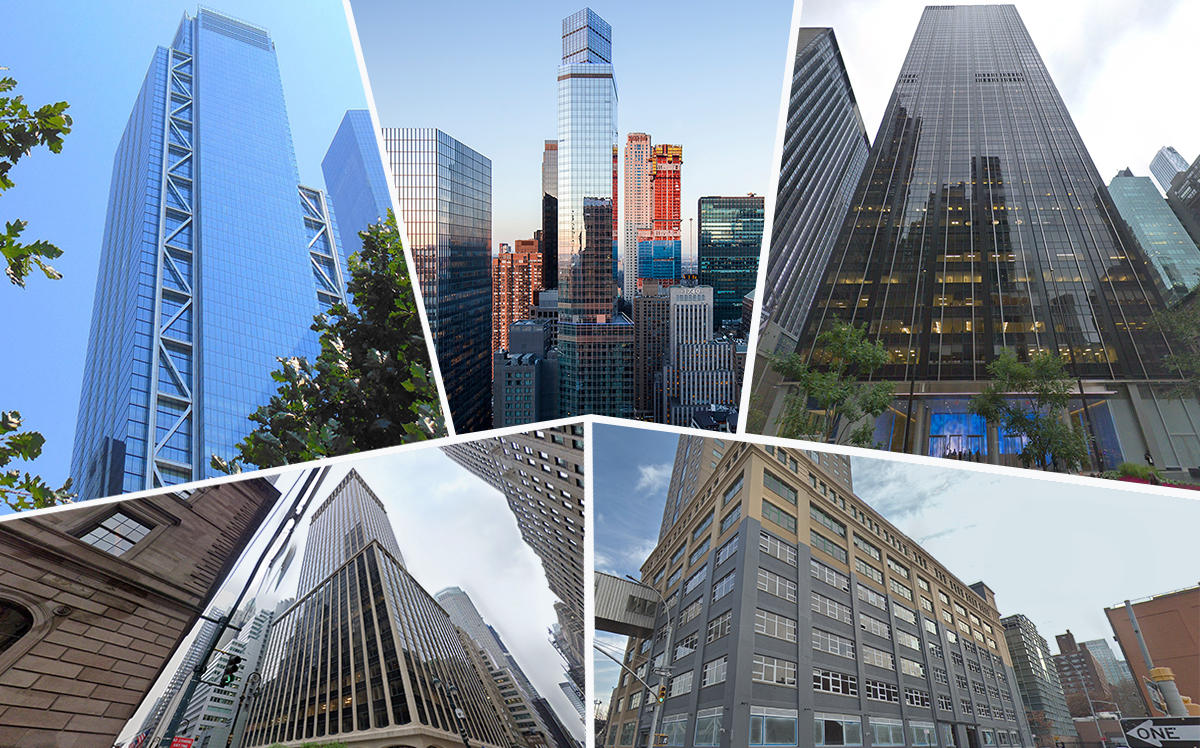 Clockwise from top left: 3 World Trade Center, 1675 Broadway, 1345 Sixth Avenue, 175 Pearl Street and 437 Madison Avenue (Credit: Google Maps, Wikipedia, Rudin Management)
