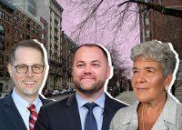 From left: Mark Levine, Corey Johnson, and Marisa Lago with Morningside Heights (Credit: Getty Images and Wikipedia)