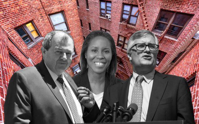 From left: REBNY President James Whelan, Housing Preservation and Development Commissioner Louise Carroll and State Senator and Housing Committee Chair Brian Kavanagh (Credit: Facebook, Twitter, Getty Images, iStock)