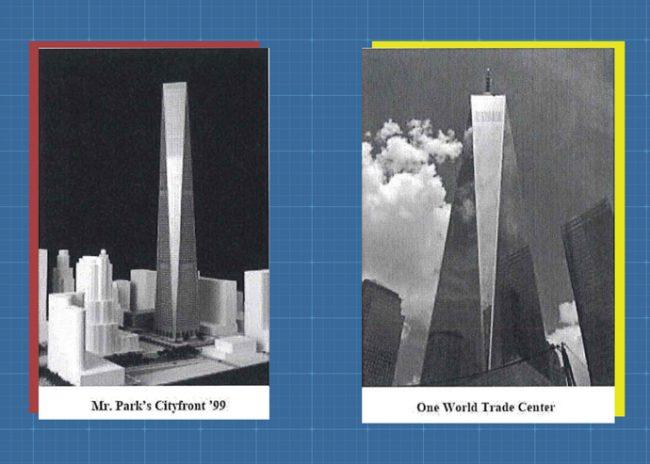 The architect claims the design, construction and marketing of the tower rips off the design of a tower he planned and modeled for his thesis