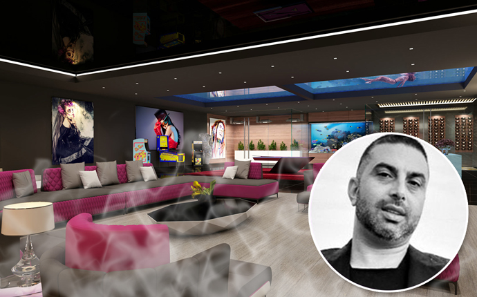 Ramtin Ray Nosrati and a rendering of a cannabis lounge at one of his properties (credit: Huntington Estate Properties)
