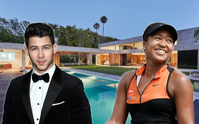 From left: Nick Jonas and Naomi Osaka with the home (Credit: Getty Images and Realtor)
