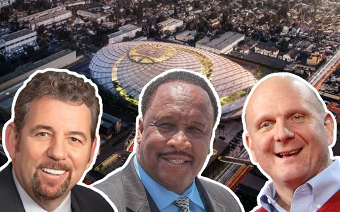 James Dolan, James T. Butts, Steve Ballmer, and a rendering of the proposed Clippers Arena