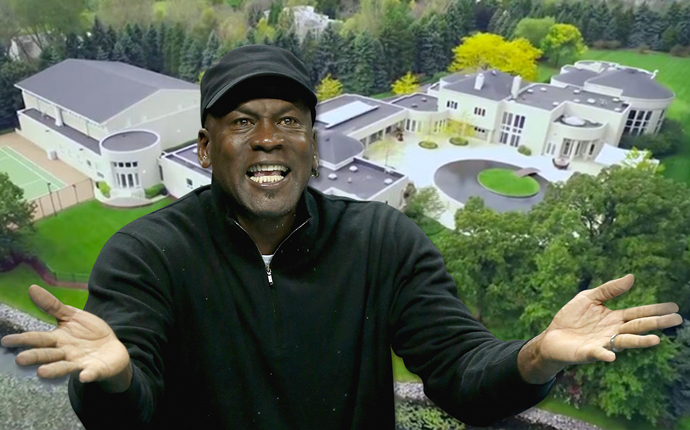 Michael Jordan and an aerial view of his Highland Park property (Credit: Getty Images)
