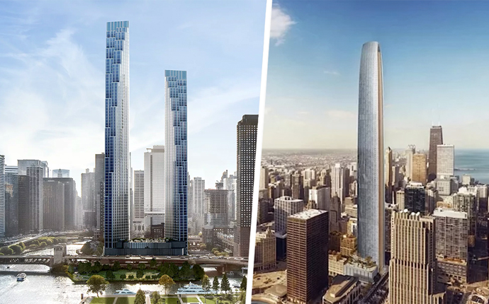 From left: A rendering of Related Midwest's skyscraper and a rendering of Golub and CIM Group's skyscraper (Credit: Related Midwest and Golub and CIM Group)