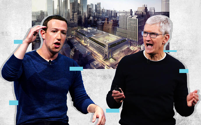 Facebook CEO Mark Zuckerberg and Apple CEO Tim Cook with a rendering of the Farley development (Credit: Getty Images, SOM iStock)