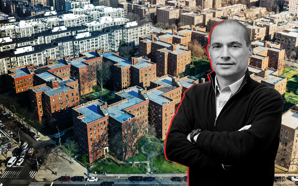 A&E Real Estate Holdings principal Douglas Eisenberg and the properties along Queens Blvd and 65th Avenue (Credit: The Rego Park 18 Portfolio)