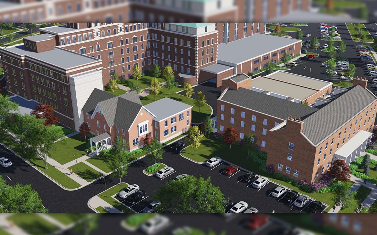 A rendering of the mixed-use Copley Hospital redevelopment in Aurora, Illinois  