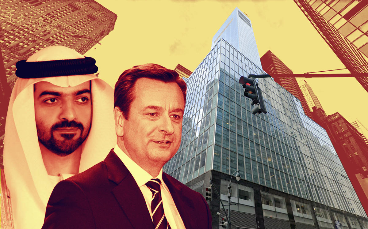 ADIA managing director Hamed bin Zayed Al Nahyan, Munich RE CEO Joachim Wenning and 330 Madison Avenue (Credit: Getty Images, Google Maps)