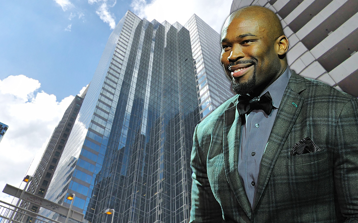 Former NFL player Israel Idonije and 200 W. Madison St. (Credit: Getty Images, Google Maps)