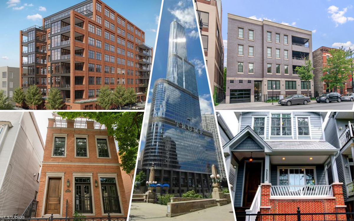 Clockwise from top left: 1109 W Washington Blvd., 1851 N Halsted St., 3223 N Hoyne Ave, 401 N Wabash Ave. and 3453 N Seeley Ave. (Credit: Redfin)