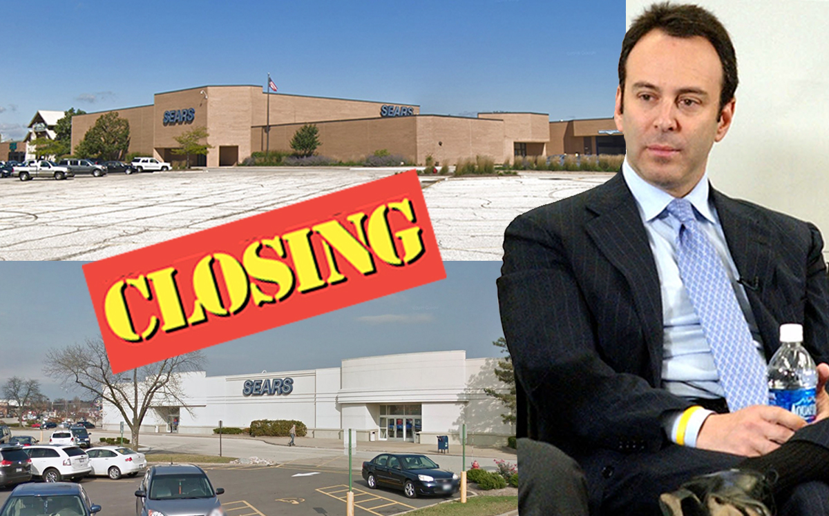 Eddie Lampert and the two closing Sears locations at 5000 Spring Hill Mall (top) and 2200 W War Memorial Drive (Credit: Getty Images, Google Maps)