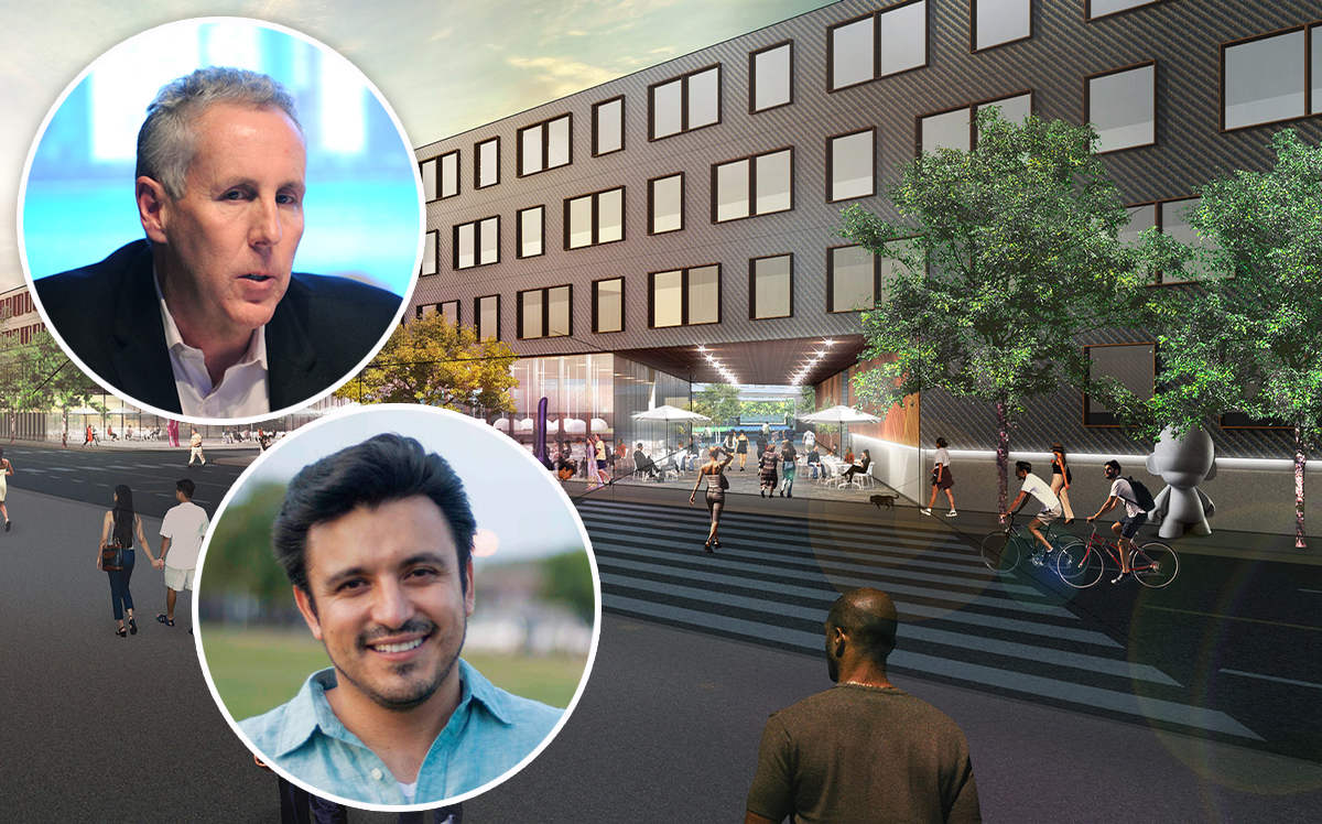 A rendering of the “ParkWorks” site, Ald. Byron Sigcho-Lopez (25th) and PMG's Kevin Maloney (Credit: Getty Images)