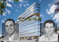 From left: Shawn Yari and Steven Yari, managing principals of Stockdale Capital Partners, with a rendering of the tower