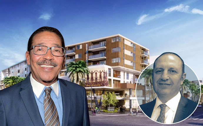 From left: Council President Herb Wesson, a rendering of District Square project, and developer Arman Gabay