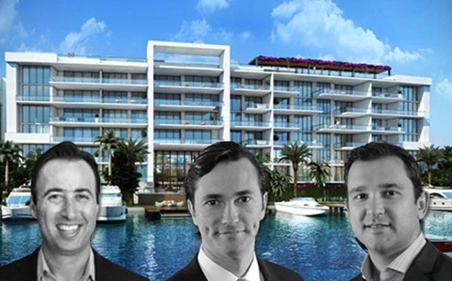 From left: Arnaud Karsenti, Nelson Stabile, and Victor Ballestas with a rendering of Sereno at Bay Harbor Islands