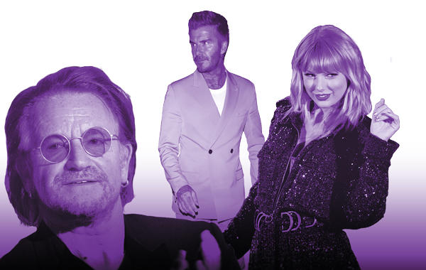 From left: Bono, David Beckham and Taylor Swift
